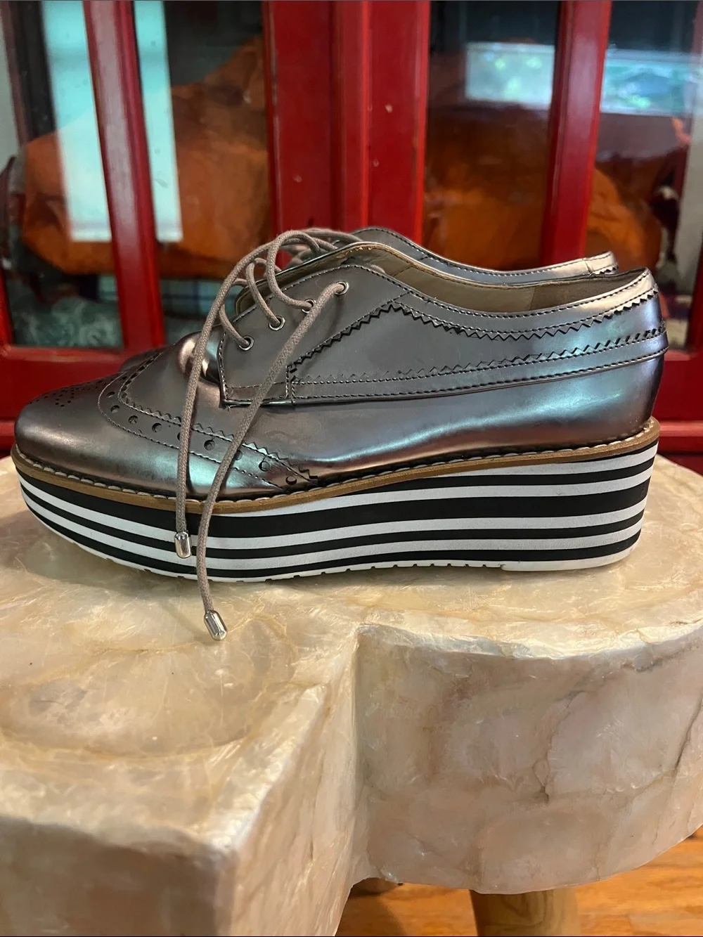 Arezzo Metallic Silver Leather Platform Oxfords Brogues Size 37